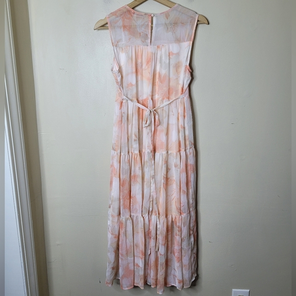 Calvin Klein Peach Floral Chiffon Midi Dress Soft Girl Tie Waist Tiered Size 2 - Picture 8 of 12